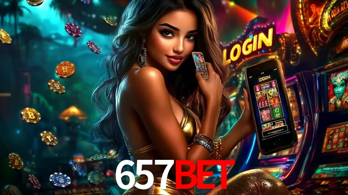 Mulher em um cenário de cassino temático de aventura, mostrando o app de caça-níqueis da 657bet no celular. Fichas de apostas flutuam ao redor.