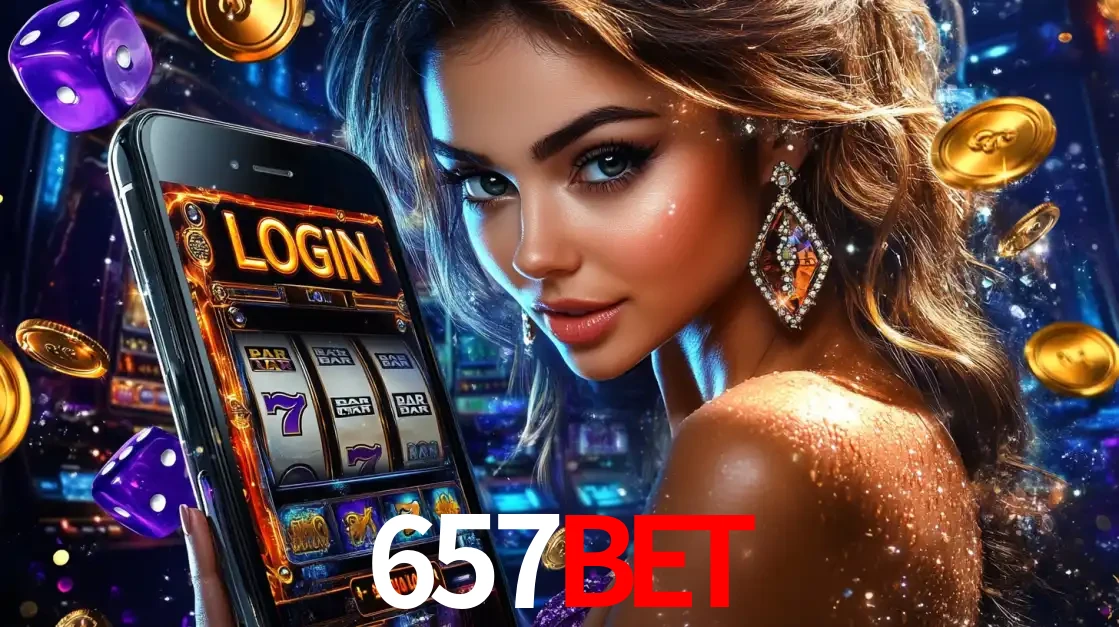 Mulher glamorosa segurando um smartphone com a tela de login para os jogos de caça-níqueis do cassino online 657bet, com moedas de ouro e dados ao redor.