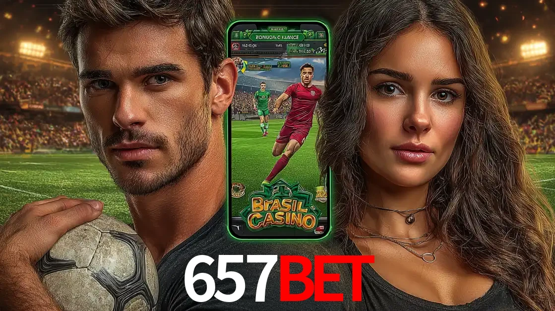 Homem segurando uma bola de futebol e uma mulher ao lado de um smartphone exibindo o jogo de apostas esportivas da 657bet. Faça seu palpite no cassino online.